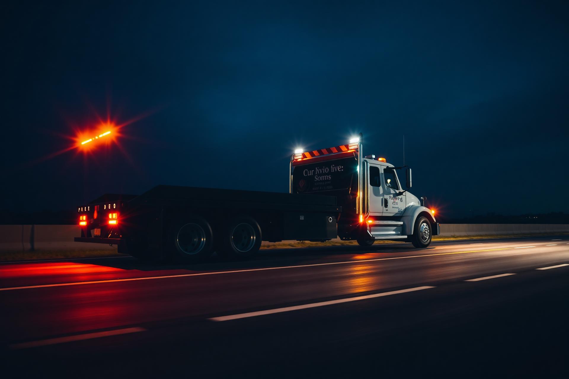 Road Rescue Towing flatbed truck on a highway at night